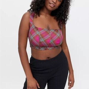 Urban Outfitters Crop Top Womens Large Pink Purple Plaid Wide Strap Corset